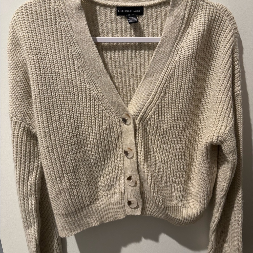 Beige Chunky Knit Button-Up Cardigan-Size S